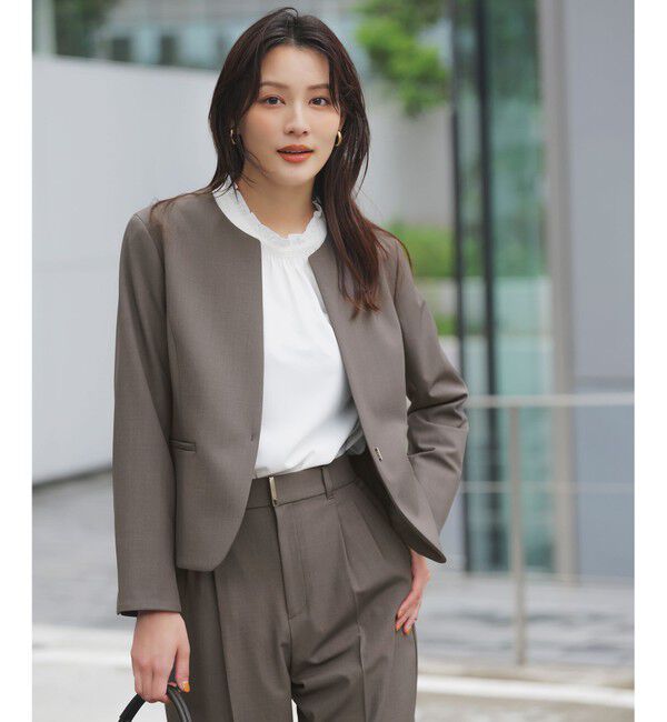 ANY SIS「【WEB限定】ウーステッドエステル クルーネック ジャケット」|ノーカラージャケット|モカグレー