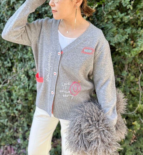 Rie Miller「《手洗い可能》ハンド刺繍Vネックカーディガン」|カーディガン|ライトグレー