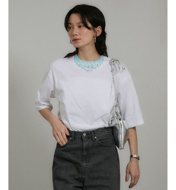 SALON adam et rope'「ビジューエンブロイダリーオーバーサイズT」|Tシャツ・カットソー|オフホワイト(15)