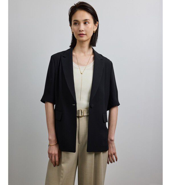 ROPE「【洗える・カセット服・新色追加】トリアセバックサテン ハーフスリーブジャケット/セットアップ対応」|テーラードジャケット|