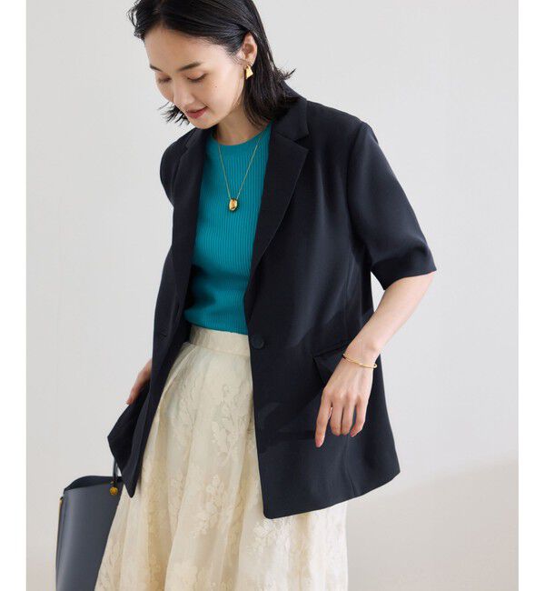 ROPE「【洗える・カセット服・新色追加】トリアセバックサテン ハーフスリーブジャケット/セットアップ対応」|テーラードジャケット|ネイビー(40)