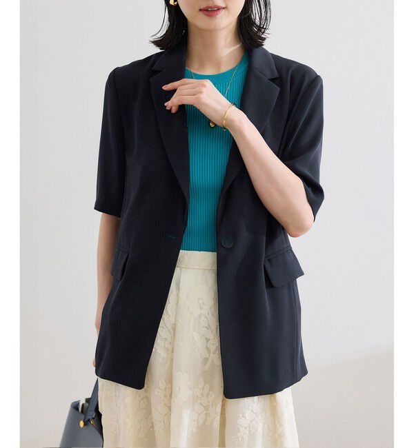 ROPE「【洗える・カセット服・新色追加】トリアセバックサテン ハーフスリーブジャケット/セットアップ対応」|テーラードジャケット|
