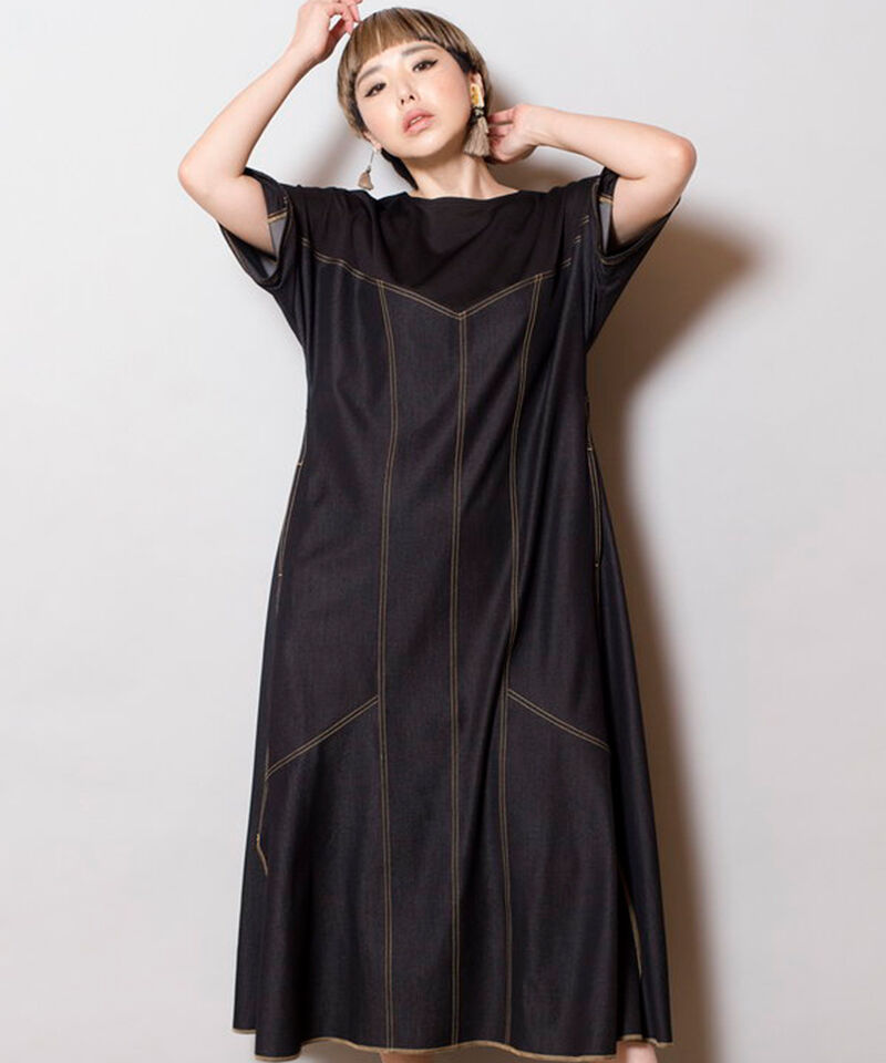  「テンセルデニム切替ワンピース」|ワンピース|BLACK