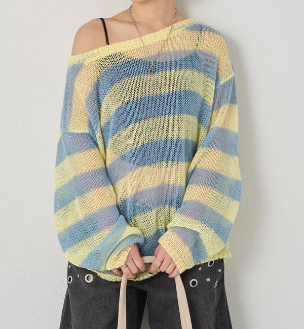  「ワイドボーダーメッシュニット」|ニット・セーター|イエロー