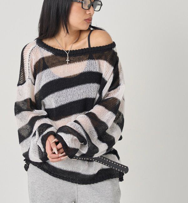  「ワイドボーダーメッシュニット」|ニット・セーター|