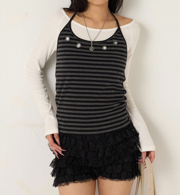  「アイレットホルターレイヤードトップス」|Tシャツ・カットソー|チャコールグレー