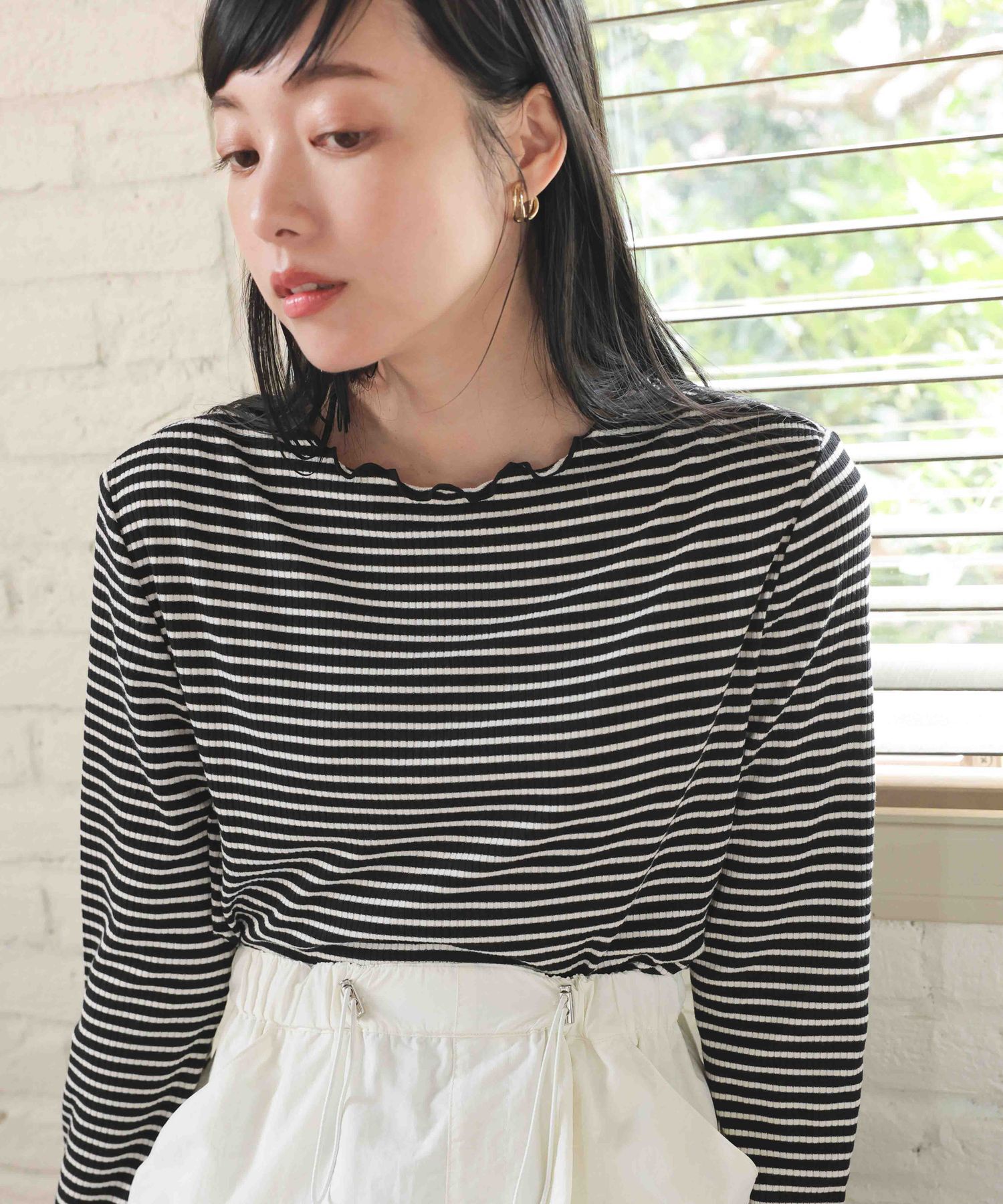 LOWRYS FARM「【前後着用可能】ボーダーテレコロングスリーブ」|Tシャツ・カットソー|ブラック