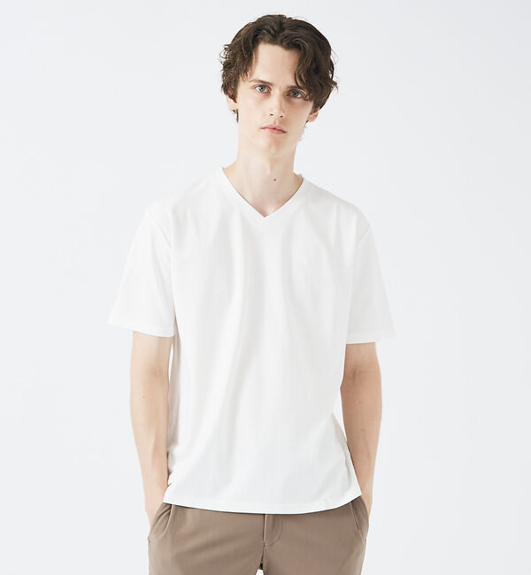 ABAHOUSE「【定番】ドレスポンチ Vネック 半袖Tシャツ / ストレッチ 冷涼感」|Tシャツ・カットソー|ホワイト