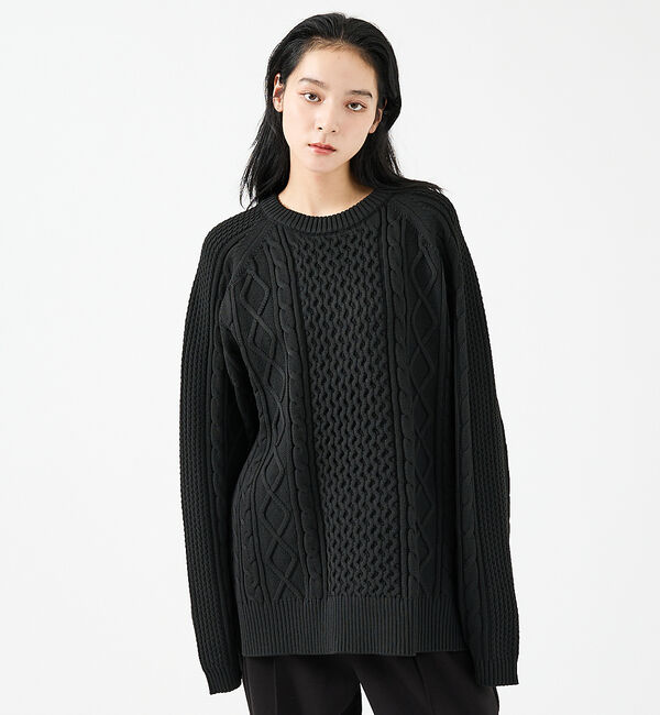 ABAHOUSE「【FORTUNA/フォルトゥナ】ECOTEC-Knit/ケーブル柄ニットプルオー」|ニット・セーター|ブラック