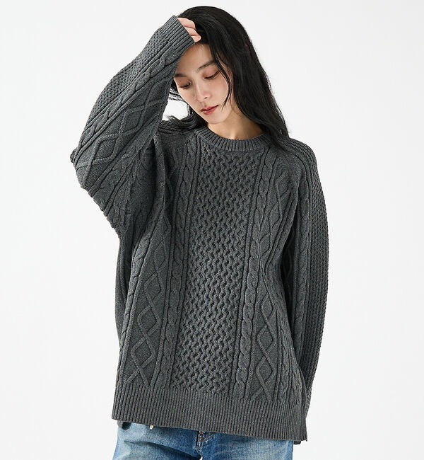 ABAHOUSE「【FORTUNA/フォルトゥナ】ECOTEC-Knit/ケーブル柄ニットプルオー」|ニット・セーター|チャコールグレー