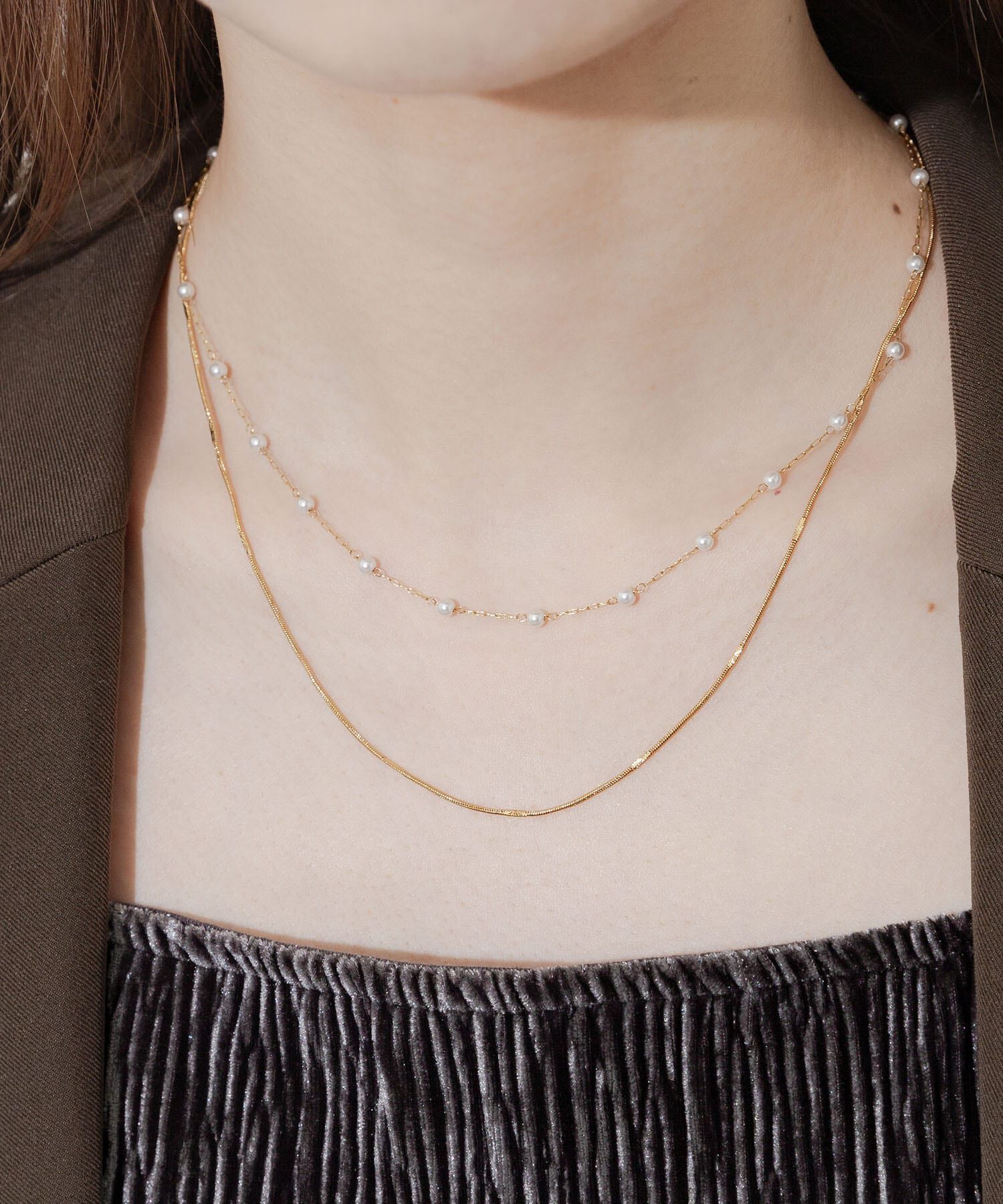 SMELLY「ステンレスパール2レイヤードネックレス」|ネックレス|