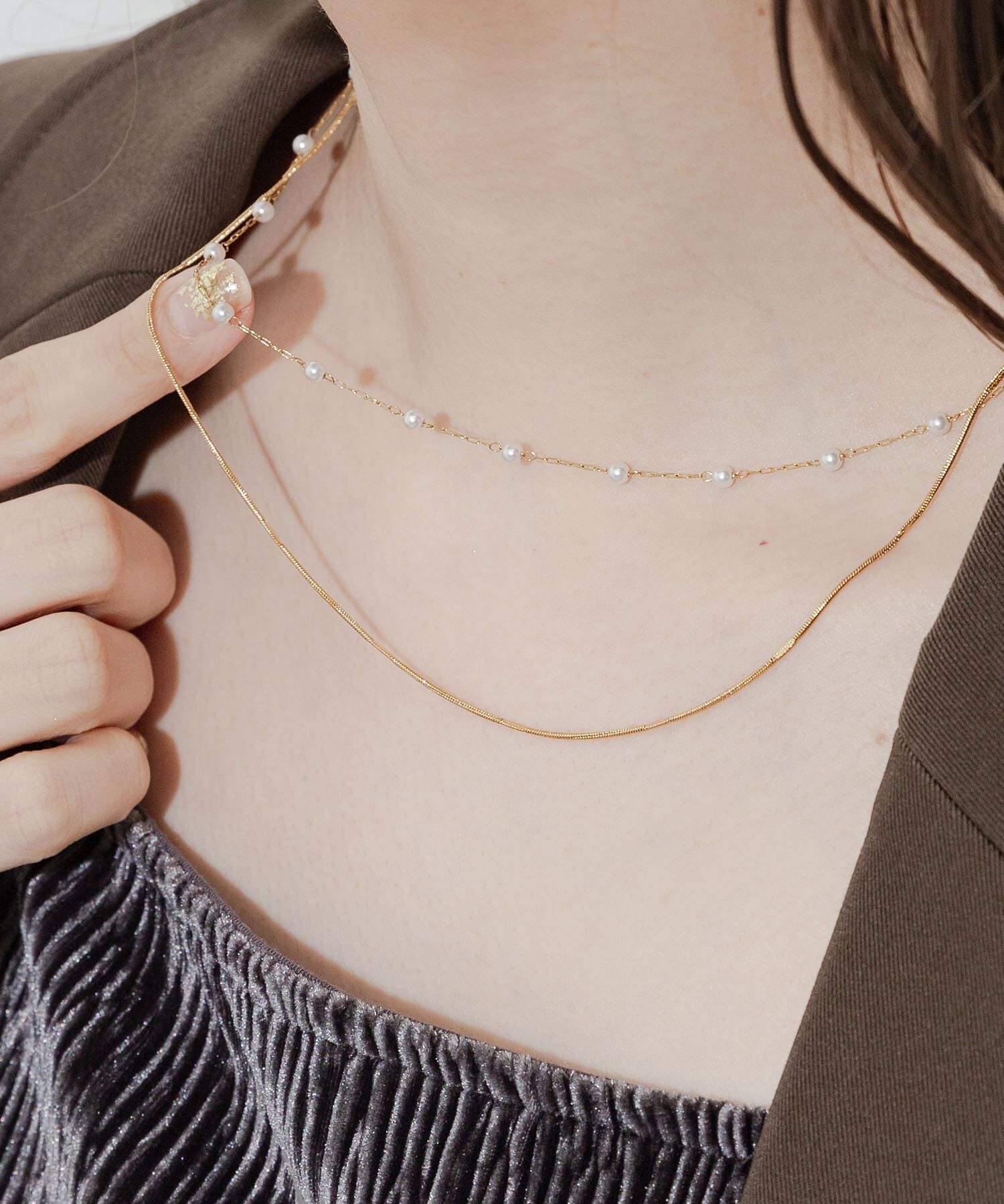 SMELLY「ステンレスパール2レイヤードネックレス」|ネックレス|