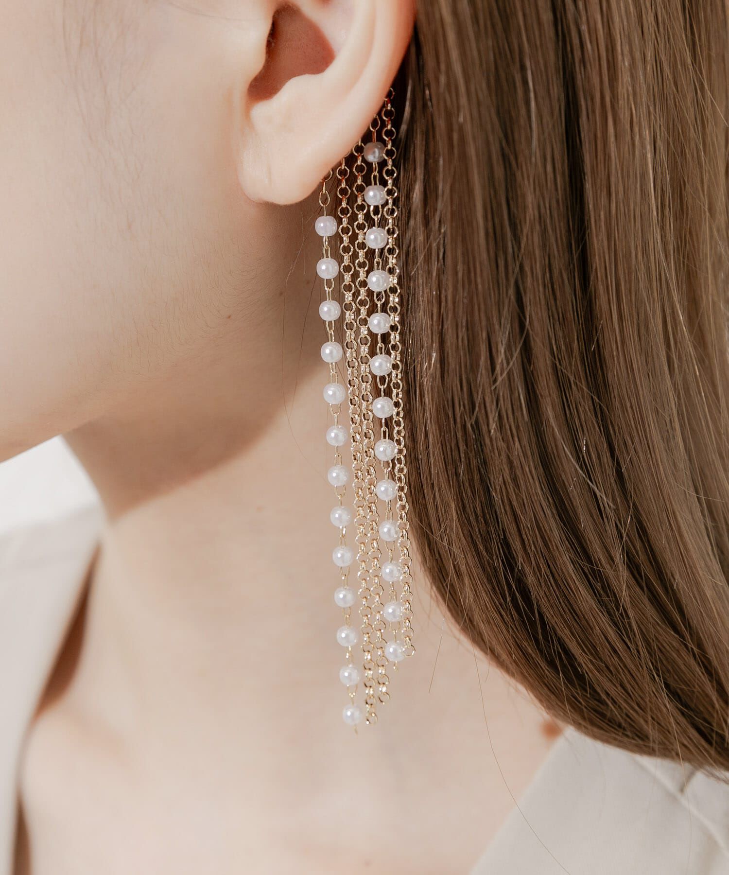 SMELLY「ロングチェーンパールイヤーフック」|イヤリング|