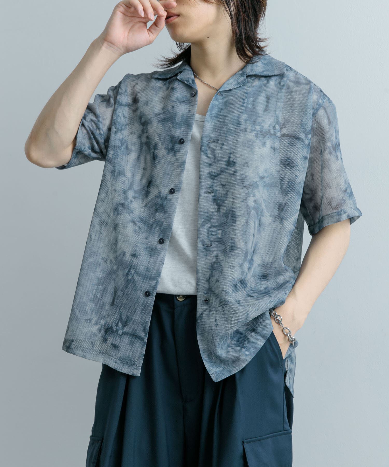SENSE OF PLACE by URBAN RESEARCH「シアープリントオープンカラーショートスリーブシャツ」|シャツ・ブラウス|ブルー