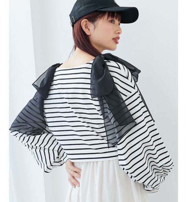 MAJESTICLEGON「ボーダー肩リボントップス」|Tシャツ・カットソー|