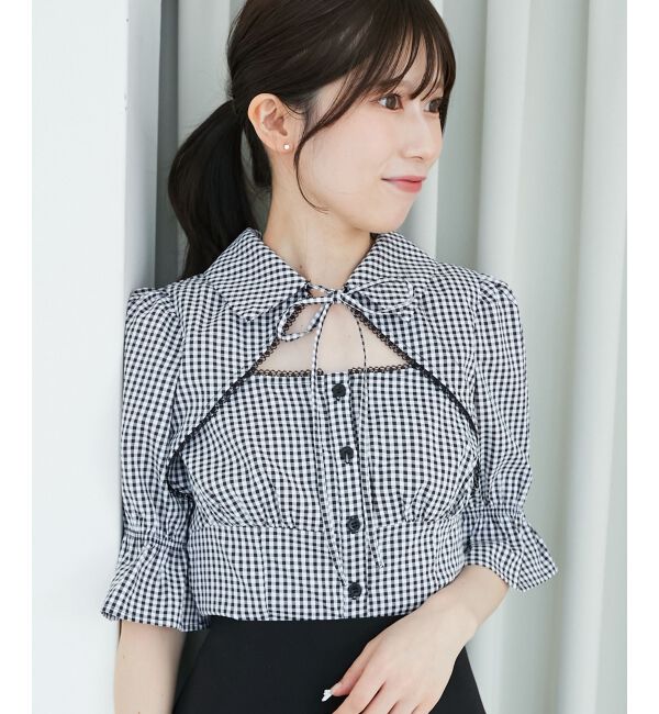  「デコルテオープンブラウス」|シャツ・ブラウス|ブラック柄
