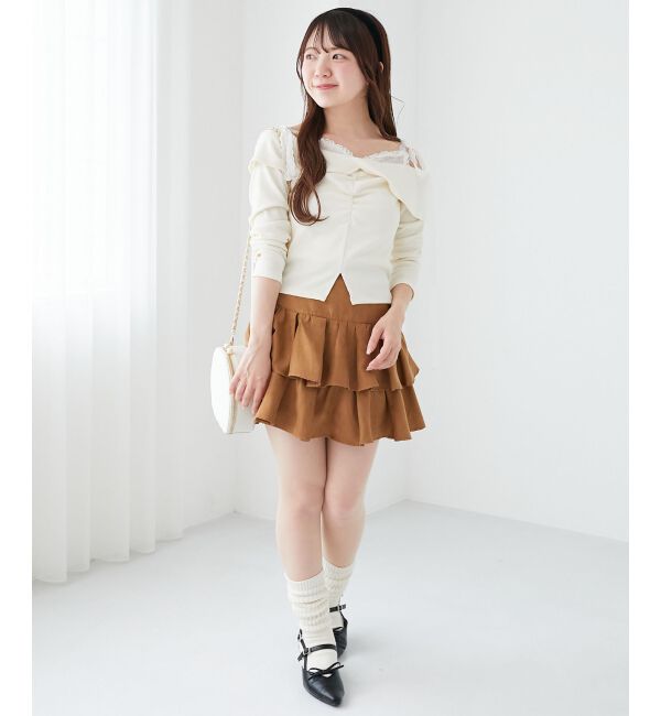  「肩リボンレースドッキングトップス」|Tシャツ・カットソー|