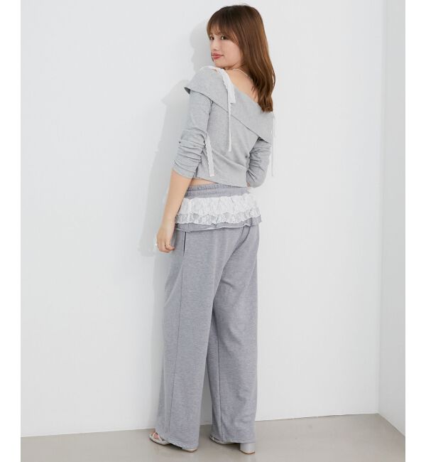  「肩リボンレースドッキングトップス」|Tシャツ・カットソー|