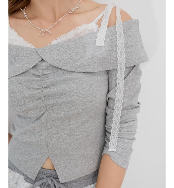  「肩リボンレースドッキングトップス」|Tシャツ・カットソー|