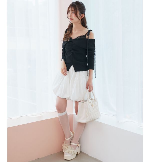  「肩リボンレースドッキングトップス」|Tシャツ・カットソー|