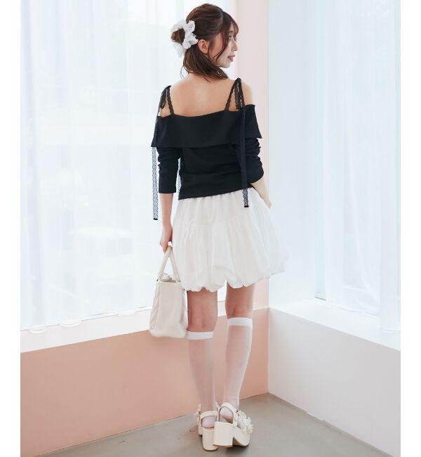  「肩リボンレースドッキングトップス」|Tシャツ・カットソー|