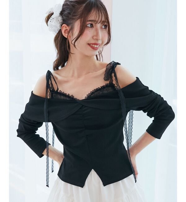  「肩リボンレースドッキングトップス」|Tシャツ・カットソー|
