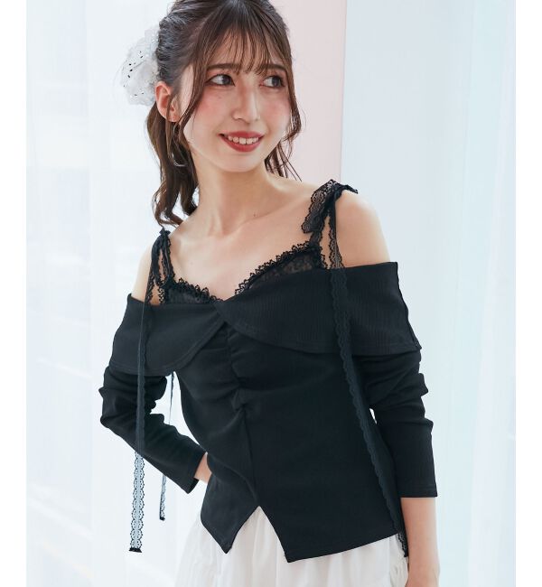  「肩リボンレースドッキングトップス」|Tシャツ・カットソー|