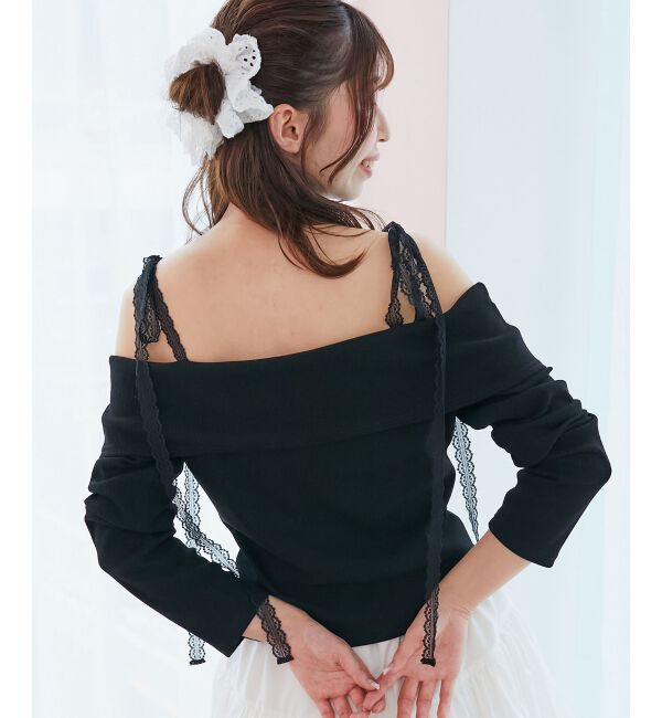  「肩リボンレースドッキングトップス」|Tシャツ・カットソー|