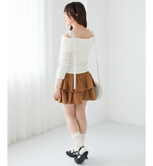  「肩リボンレースドッキングトップス」|Tシャツ・カットソー|