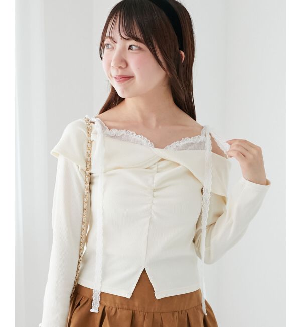  「肩リボンレースドッキングトップス」|Tシャツ・カットソー|