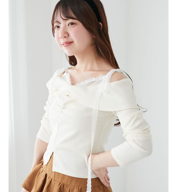  「肩リボンレースドッキングトップス」|Tシャツ・カットソー|