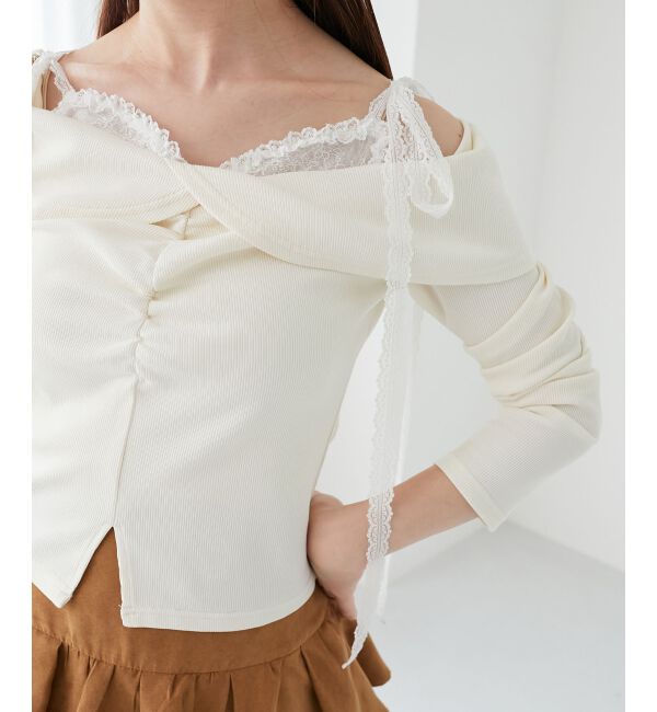  「肩リボンレースドッキングトップス」|Tシャツ・カットソー|