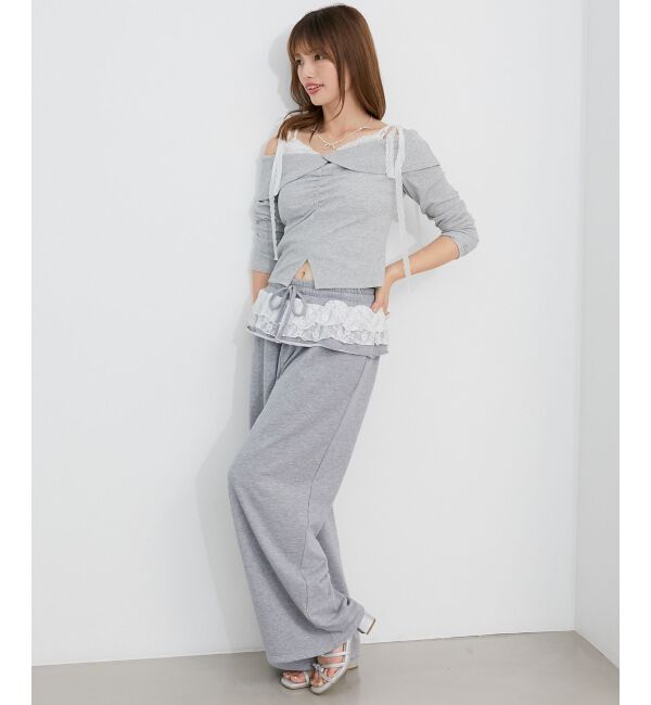  「肩リボンレースドッキングトップス」|Tシャツ・カットソー|