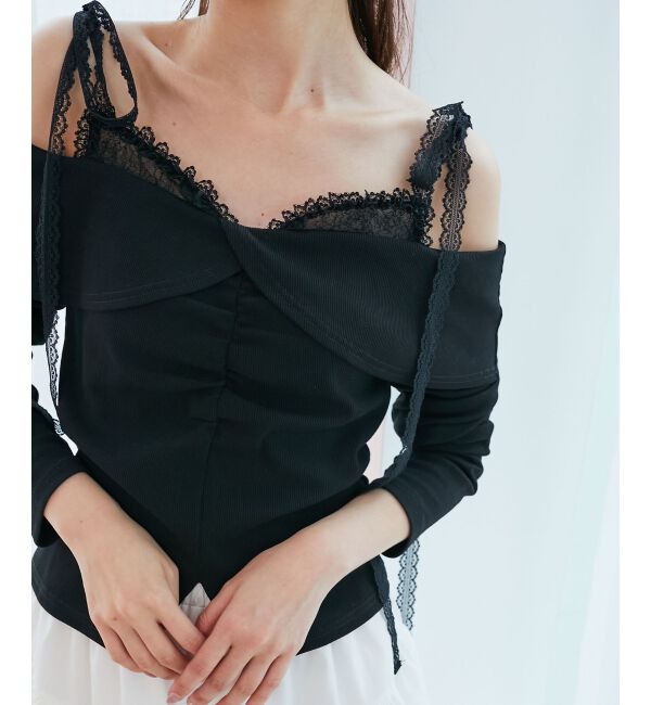  「肩リボンレースドッキングトップス」|Tシャツ・カットソー|ブラック