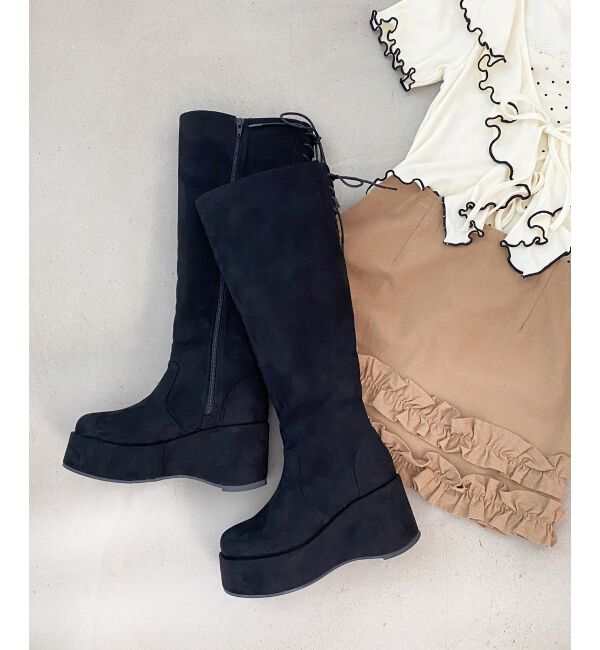  「バックリボン厚底ロングブーツ」|ロングブーツ|