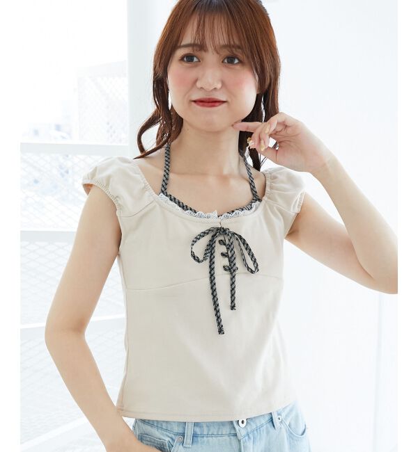  「配色ホルターネックトップス」|Tシャツ・カットソー|ピンクベージュ