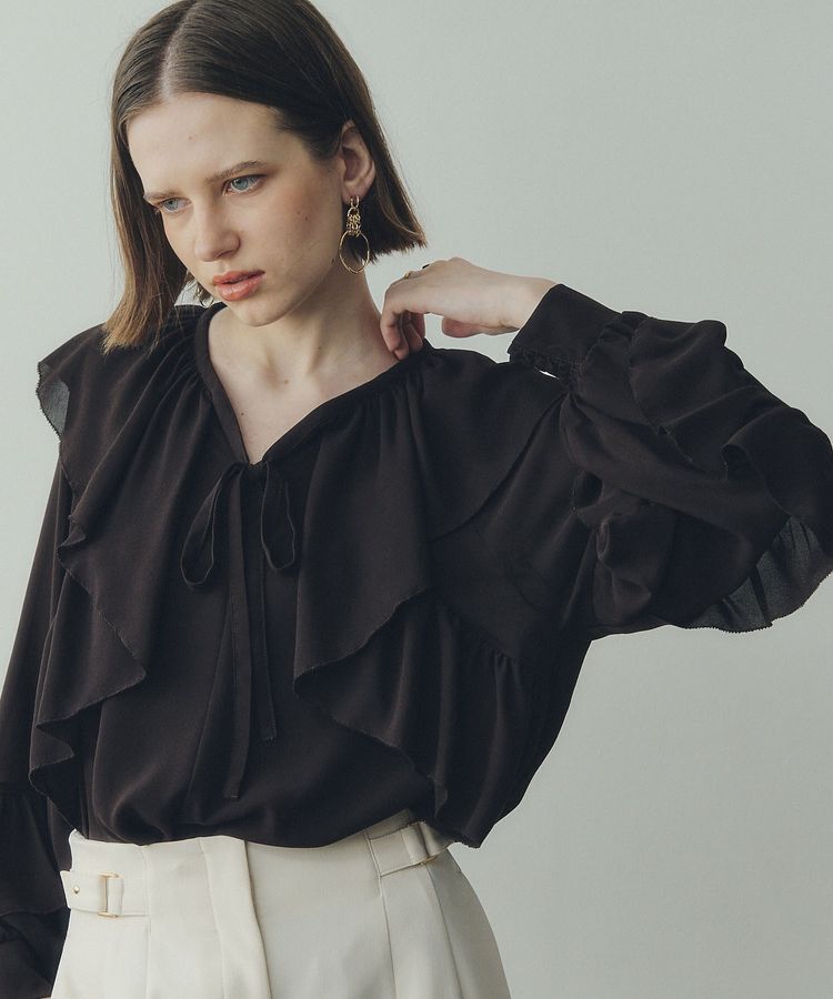 YECCA VECCA「シアーラッフルブラウス」|シャツ・ブラウス|Brown