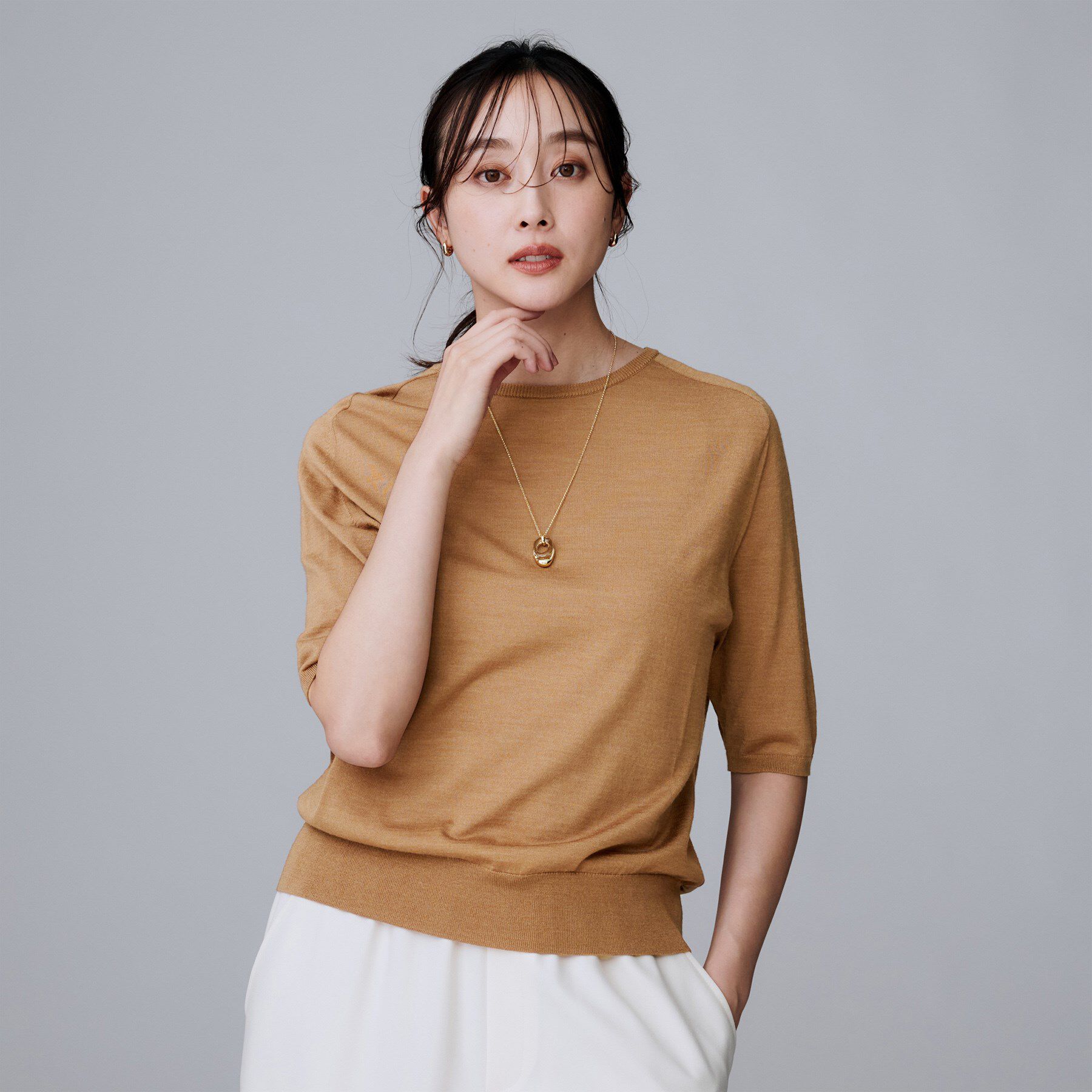 UNTITLED「【アンサンブル可/六分袖/洗える】ウールシルクニット」|ニット・セーター|キャメルブラウン(0