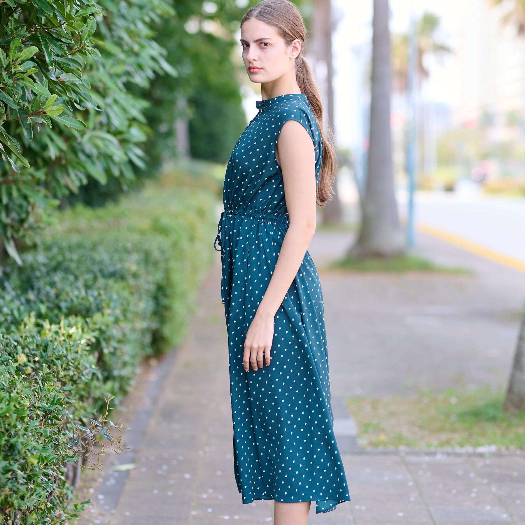 DRESSTERIOR「【ポケットあり/後ろウエストゴム】ドットプリントフレンチスリーブワンピ」|ワンピース|