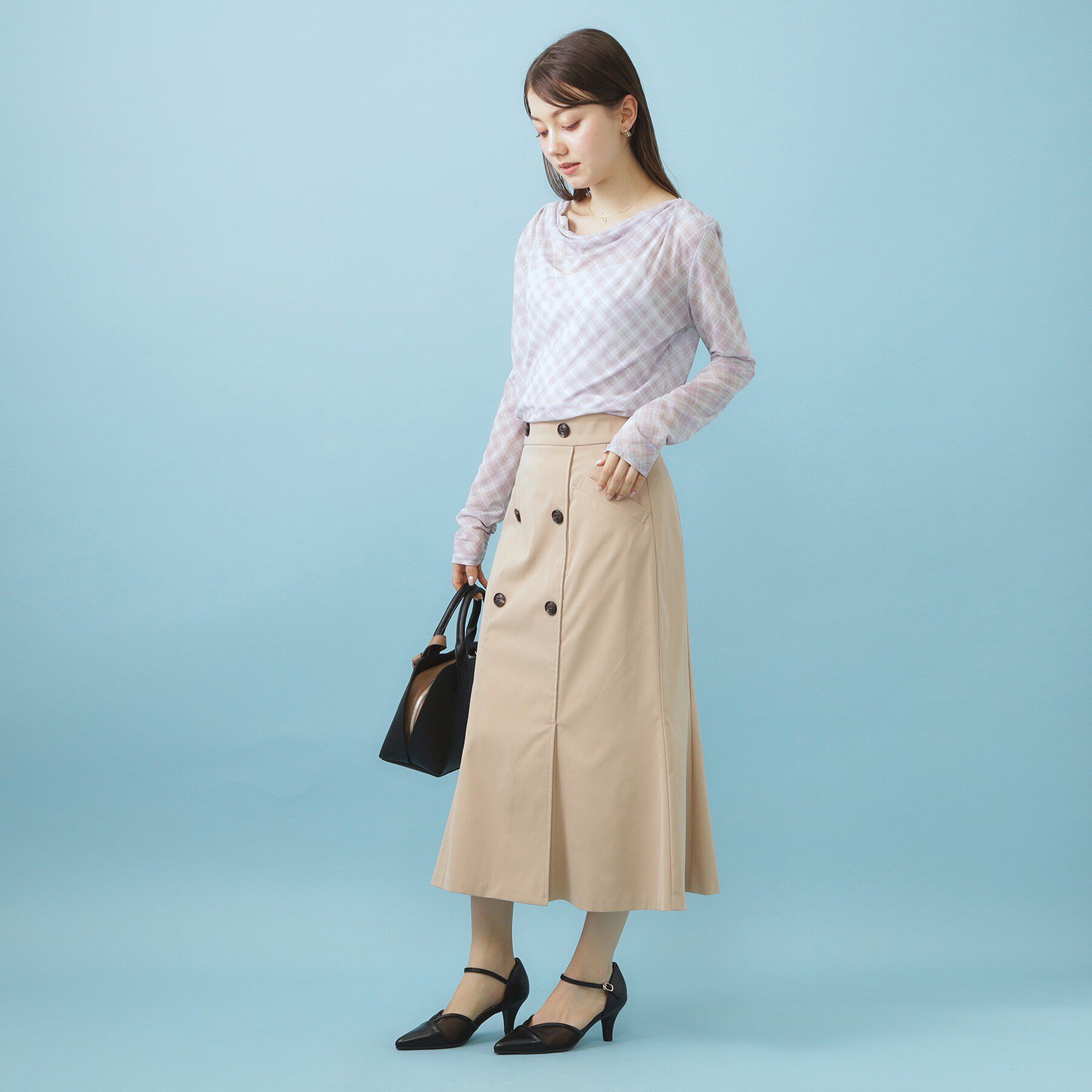 index「シアーチェックドレープネックトップス【洗濯機OK】」|Tシャツ・カットソー|