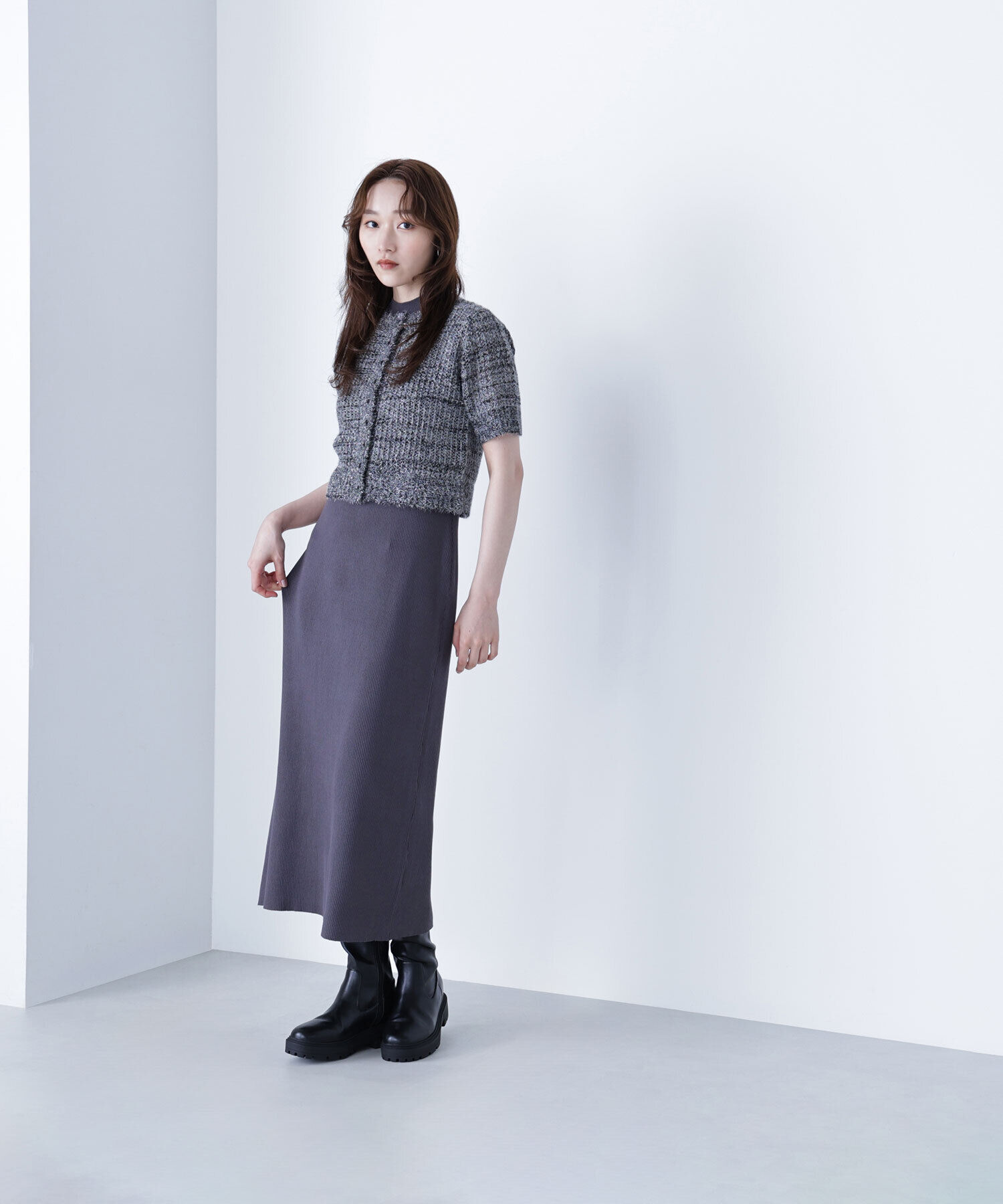  「フィルムラメカーデセットニットワンピース」|ワンピース|