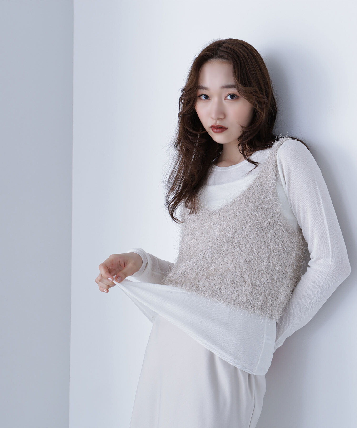  「シアーレイヤードフリンジベストセット」|ニット・セーター|ベージュ&times;オ  2