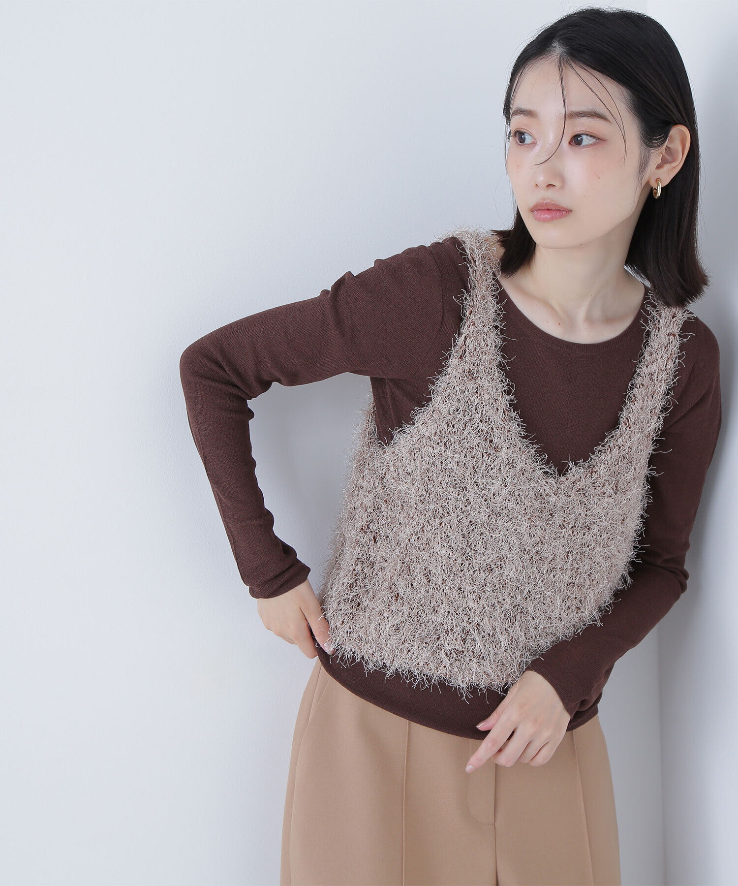  「シアーレイヤードフリンジベストセット」|ニット・セーター|モカ&times;ブラウ  2