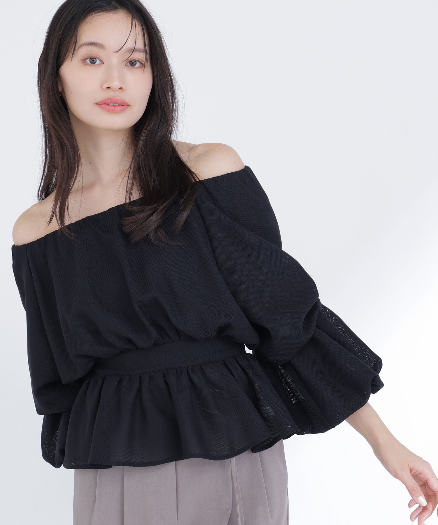  「メッシュギャザーペプラムブラウス」|シャツ・ブラウス|ブラック