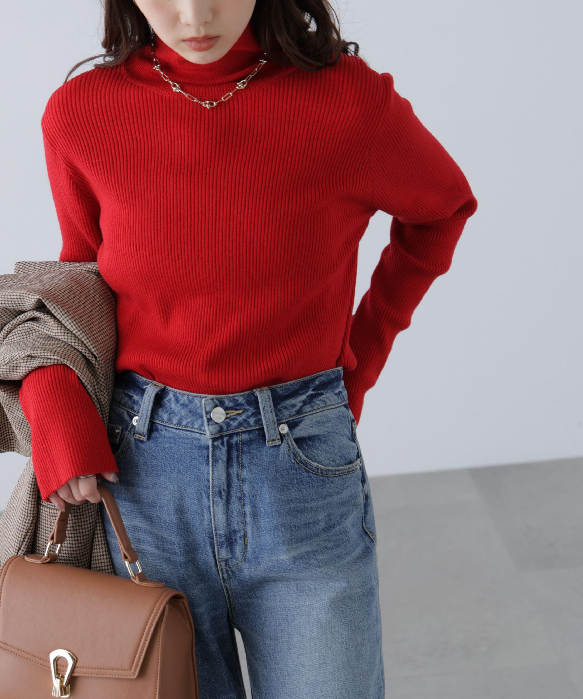  「袖金ボタンリブタートルニット」|ニット・セーター|