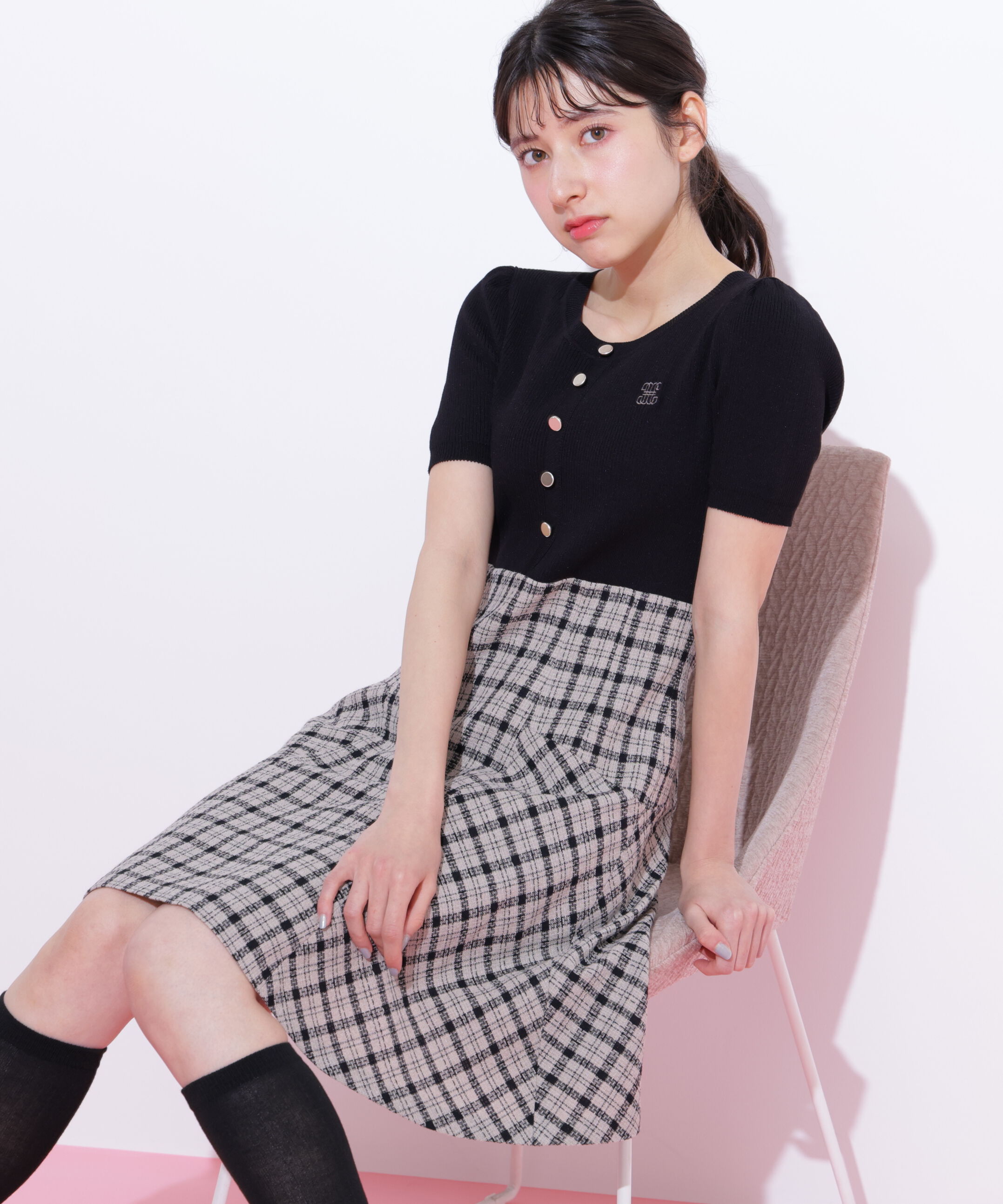  「チェックドッキングミニワンピース」|ワンピース|クロ&times;モカチェ