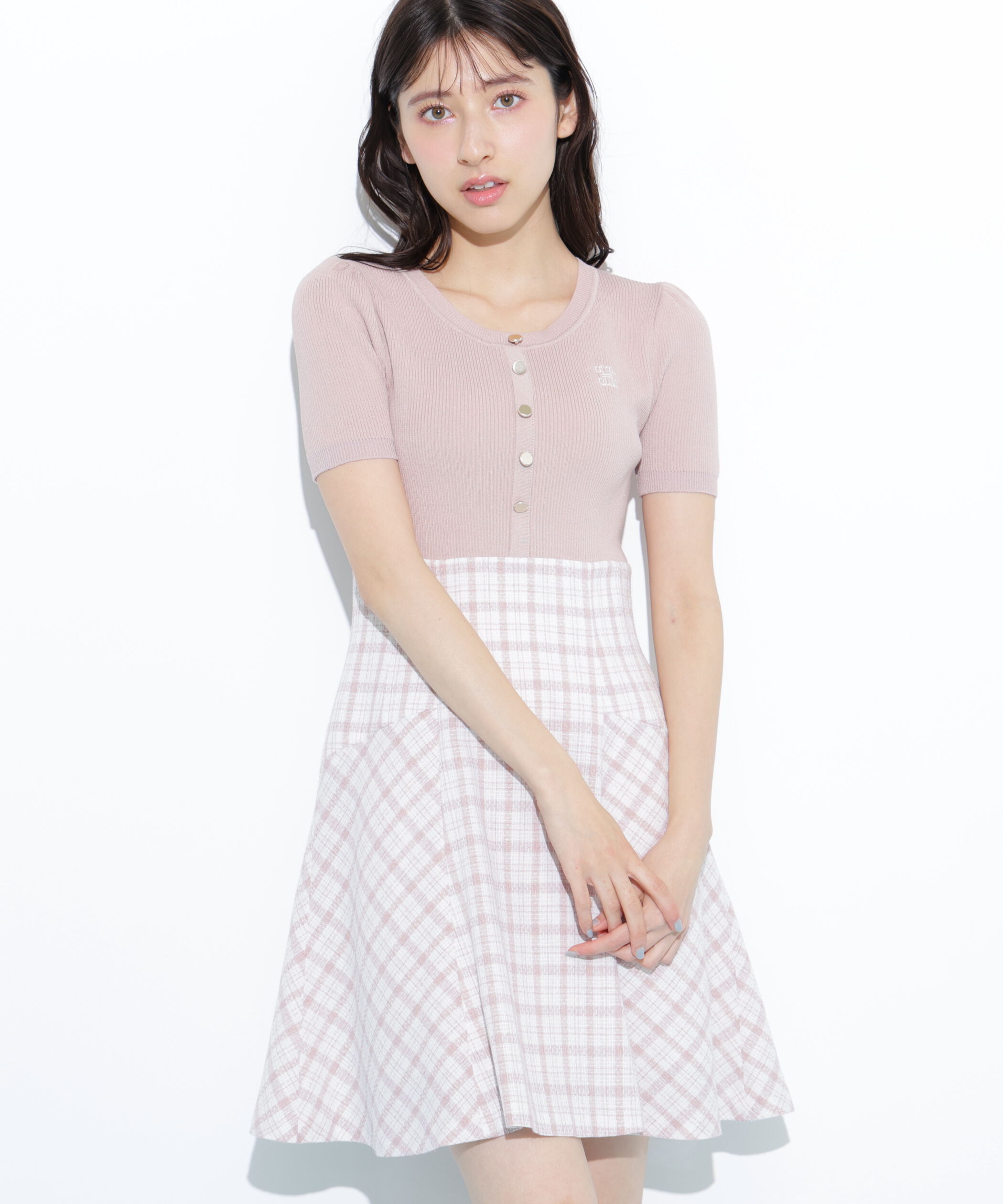  「チェックドッキングミニワンピース」|ワンピース|ピンク&times;シロピ