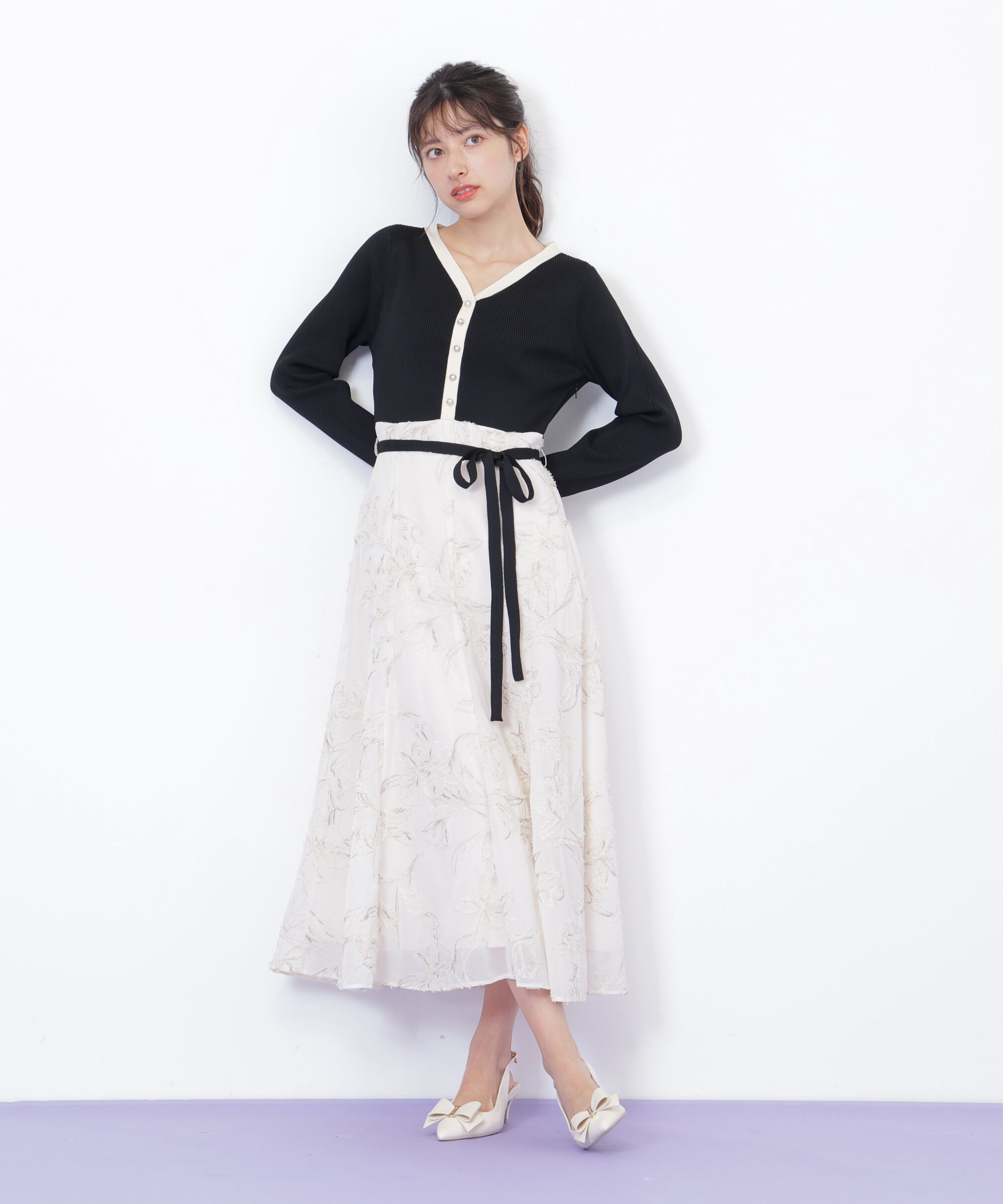  「モール刺繍ドッキングニットワンピース」|ワンピース|