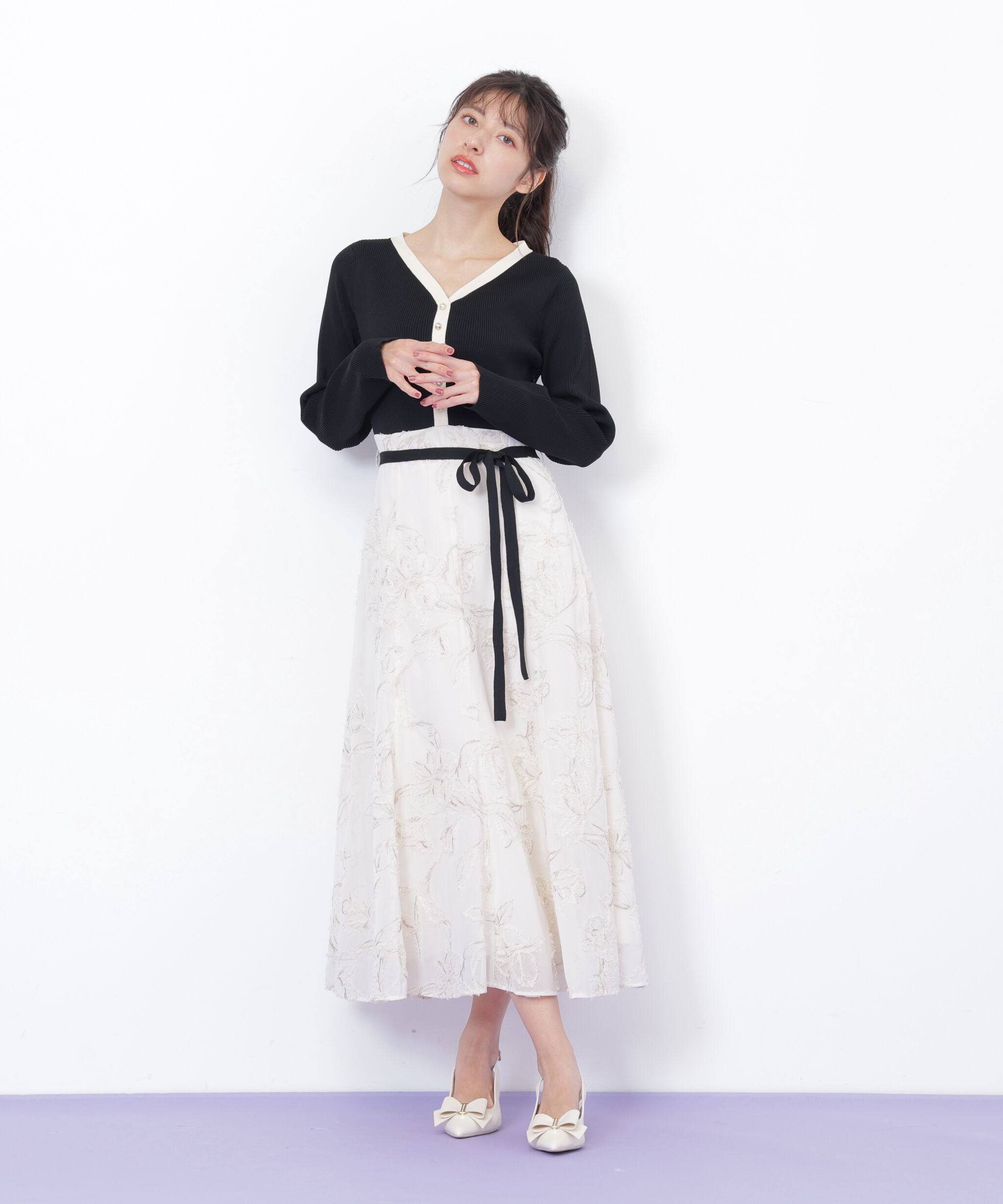  「モール刺繍ドッキングニットワンピース」|ワンピース|