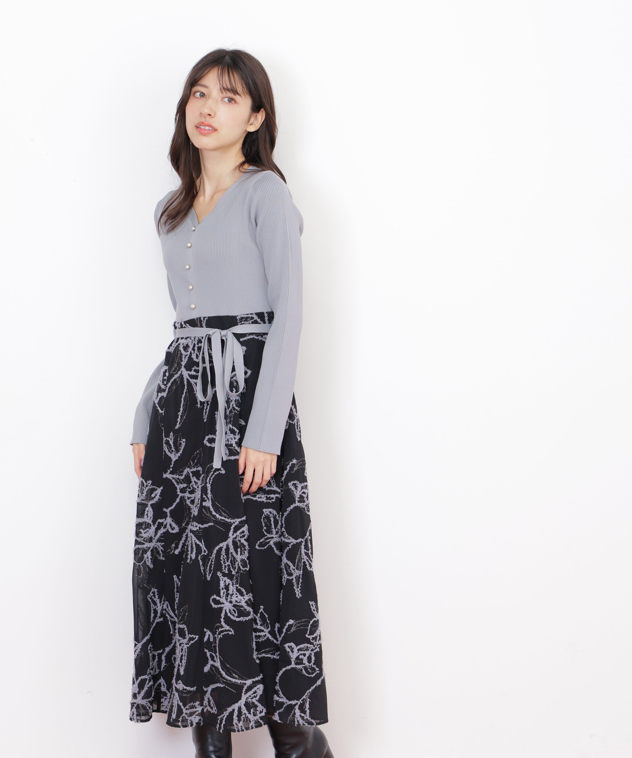  「モール刺繍ドッキングニットワンピース」|ワンピース|